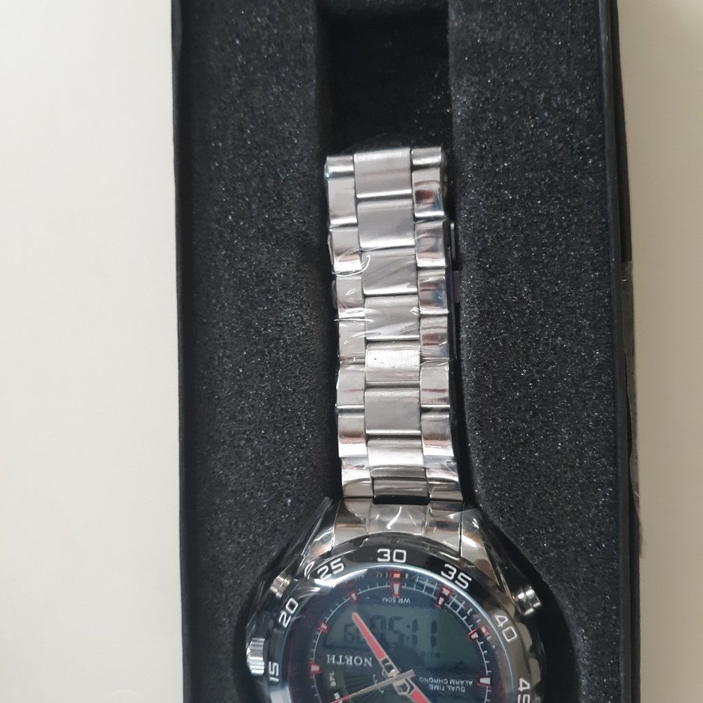mens sports watch duel alarm chrono  staiinless steel band